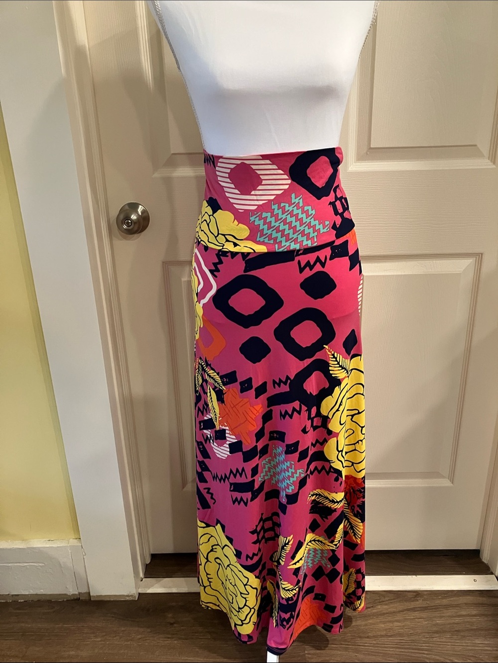 LuLaRoe Pink Maxi Skirt with Yellow Floral Geo Print NWOT